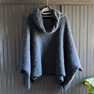 Ponsesa Oversized Cowl Neck Poncho Sweater, Blue Chunky Knit, S/M, Warm & Cozy